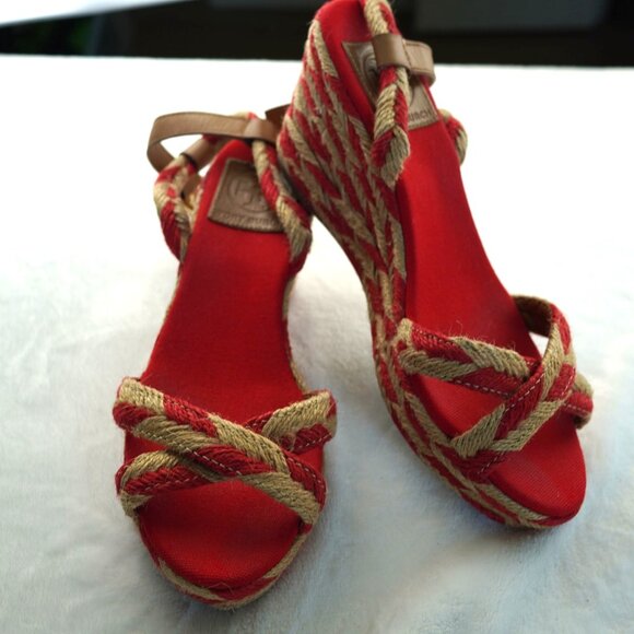 Tory Burch Red Camelia Jute Espadrille‎ Wedge Sandals Size 9.5 - Picture 2 of 8